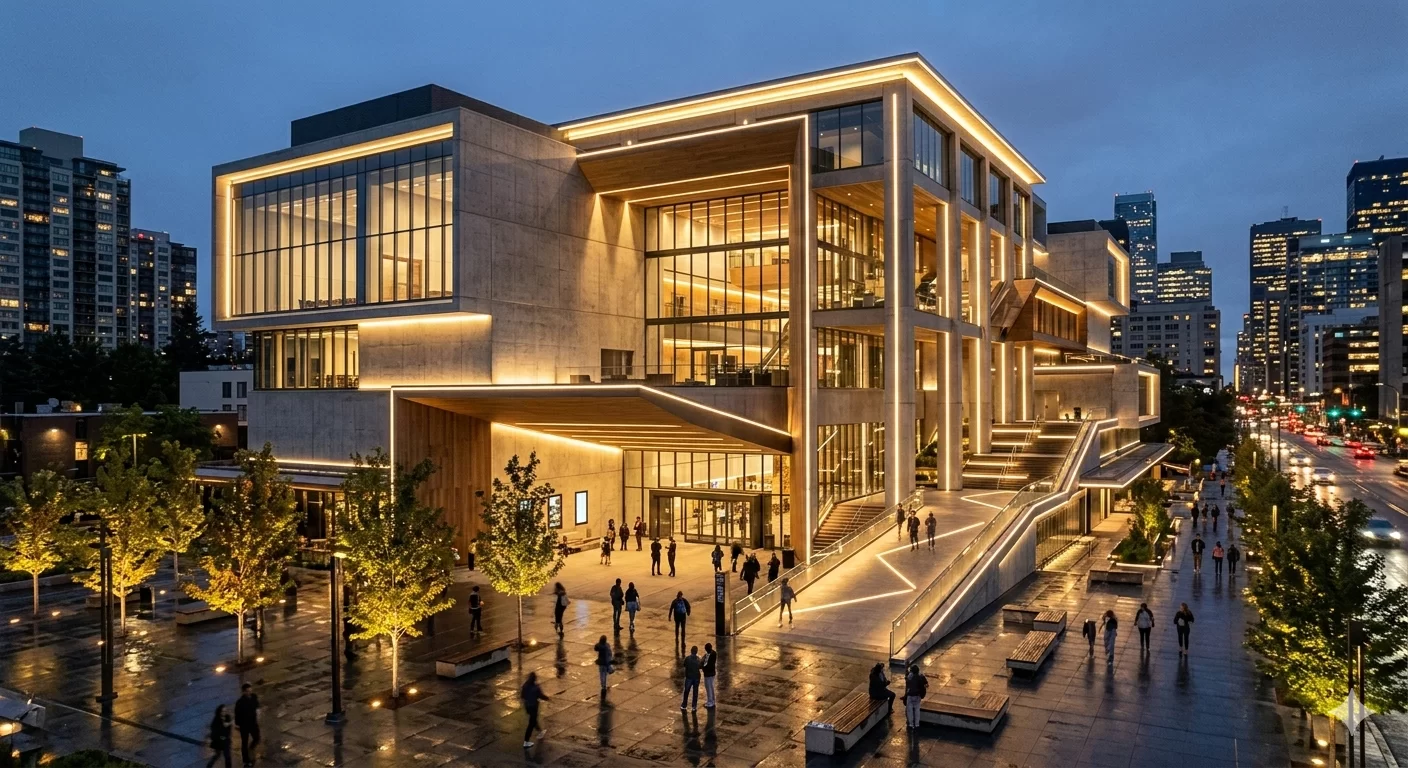 Architectural lighting — dramatic exterior facade lighting at dusk